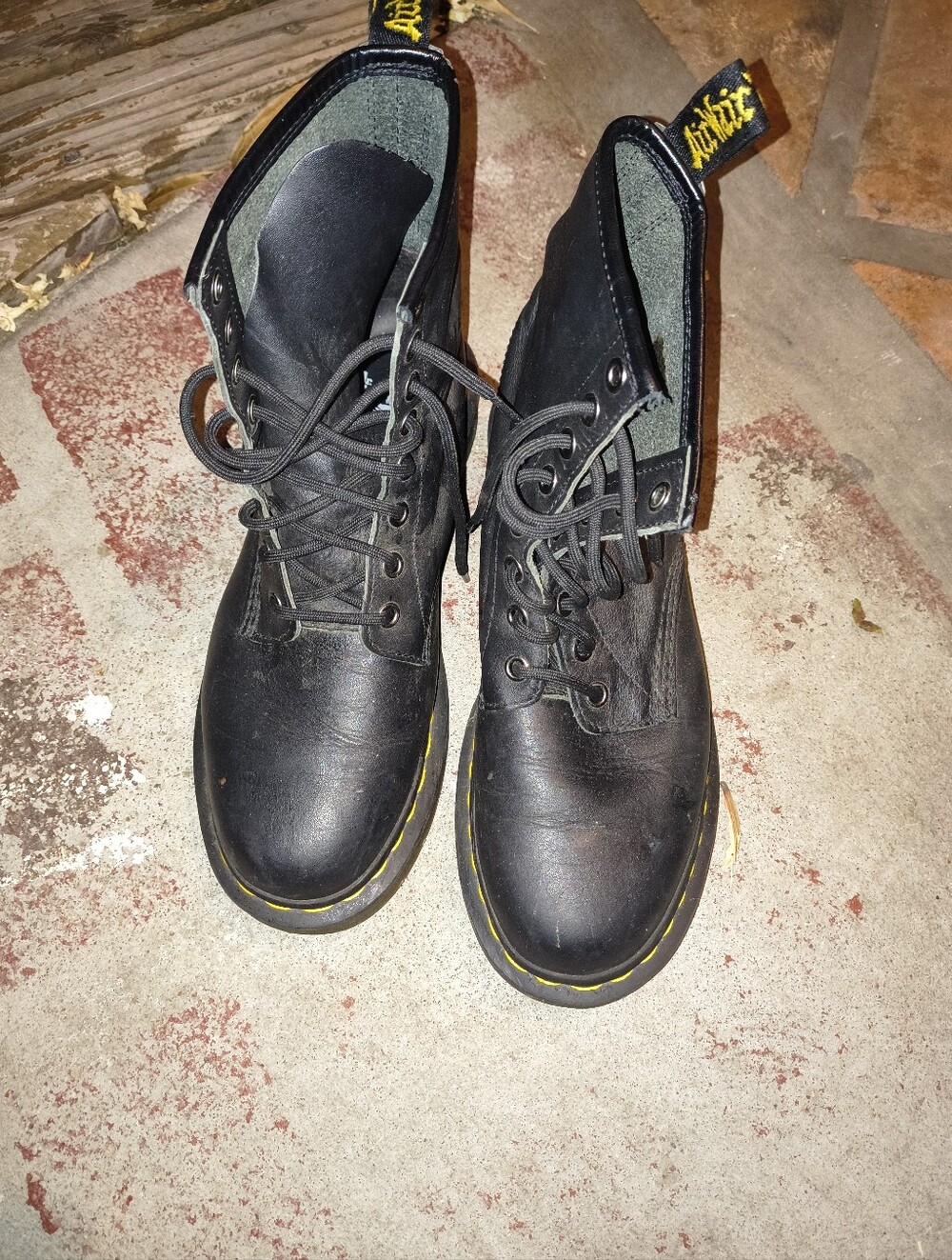 Dr. Martens Black Leather Lace-Up Combat Boots with Yellow Stitching